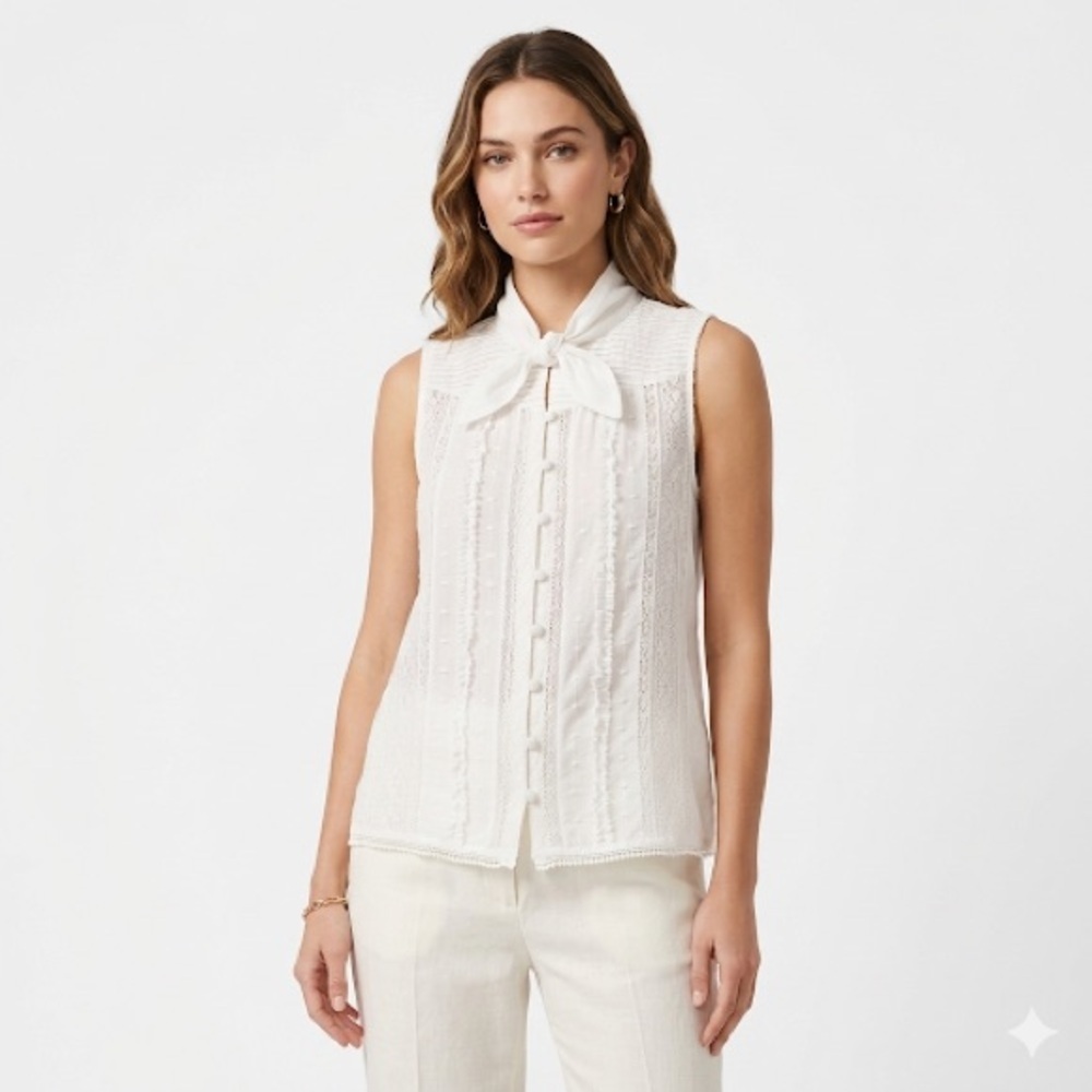 Frame Women’s Lace Tie Neck Pintuck Blouse Off White XS